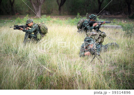 Squad of soldiers patrolling across forest area. Squad of soldiers patrolling across forest area. 39314896