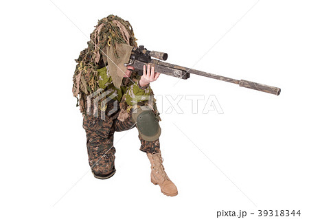 Camouflaged sniper in ghillie suit Camouflaged sniper in ghillie suit 39318344