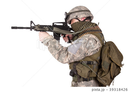 US soldier with assault rifle on white background US soldier with assault rifle on white background 39318426
