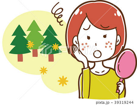 花粉症による肌荒れに困る女性のイラストのイラスト素材