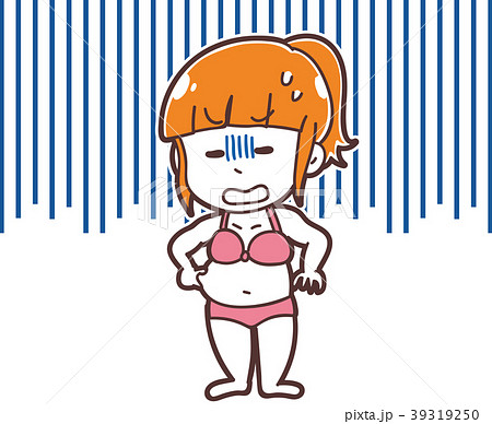 太って水着がパツパツになった女性のイラストのイラスト素材