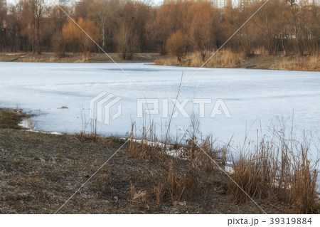 Winter sunny landscape, view of the lake in the 39319884