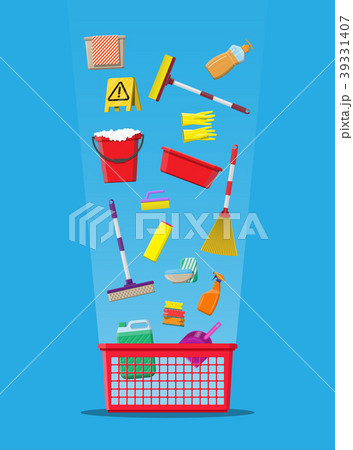 Bottle of detergent sponge soap and rubber gloves 39331407