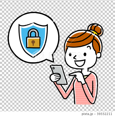 女性：スマートフォン、セキュリティ対策 39332211