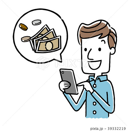 男性：スマートフォン、パソコンとお金 39332219