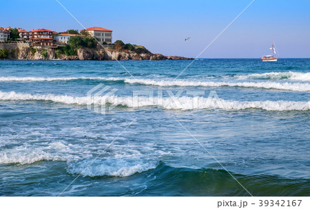 Sozopol town and a ship in the sea. Sozopol town and a ship in the sea. 39342167