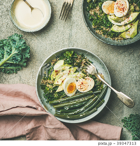 Quinoa, kale, green beans, avocado, egg bowls 39347313