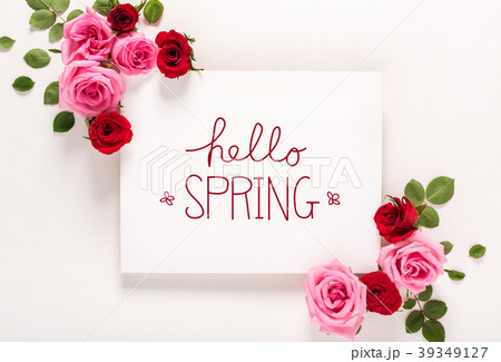 Hello Spring message with roses and leaves  39349127