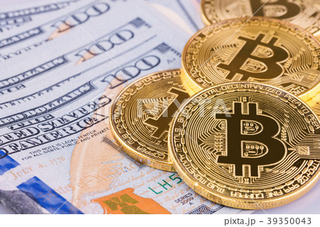 Bitcoin putting on US Dollar bank background 39350043