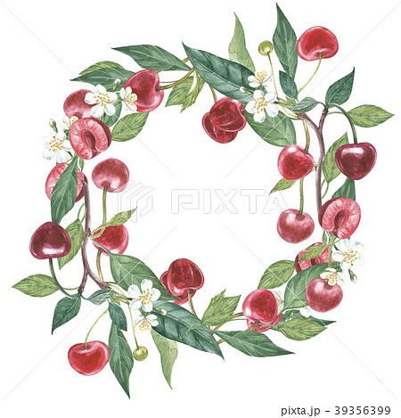Hand Drawn Watercolor Wreath Of Flowers Of Cherryのイラスト素材