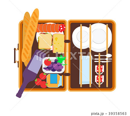 Open basket for a picnic with tableware and foods 39358563