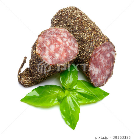 Dried organic salami sausage covered with pepper Dried organic salami sausage covered with pepper 39363385