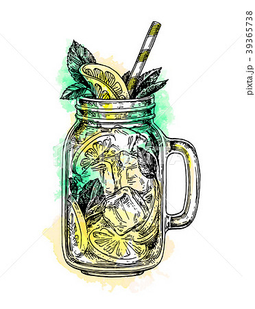 Lemonade In Mason Jar Retro Style Ink Sketch Withのイラスト素材