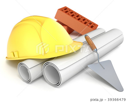 Hard helmet, trowel, bricks and drawings 3D Hard helmet, trowel, bricks and drawings 3D 39366479