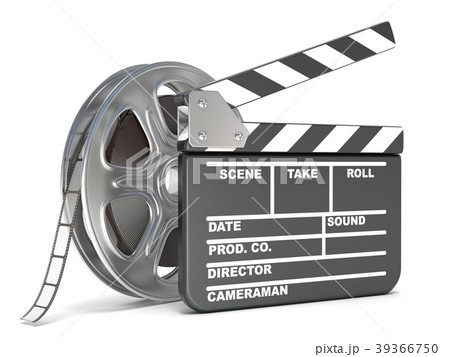 Film reel and movie clapper board. Video icon. 3D 39366750
