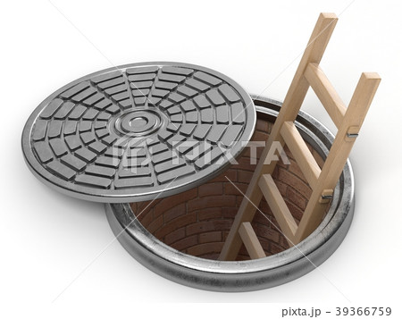 Opened street manhole with wooden ladder inside 3D 39366759