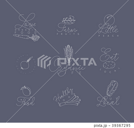 Vegetables and fruits pen line symbols grey 39367295