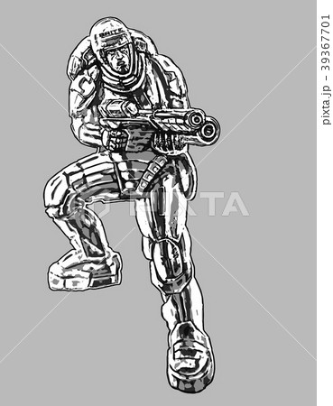 Soldier in armor suit with large rifle. Vector 39367701
