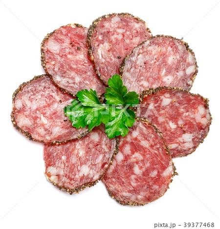 Dried organic salami sausage covered with pepper Dried organic salami sausage covered with pepper 39377468