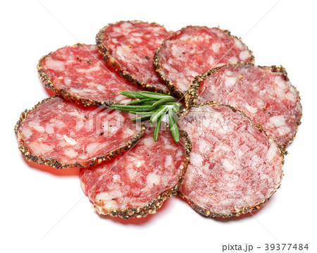 Dried organic salami sausage covered with pepper 39377484