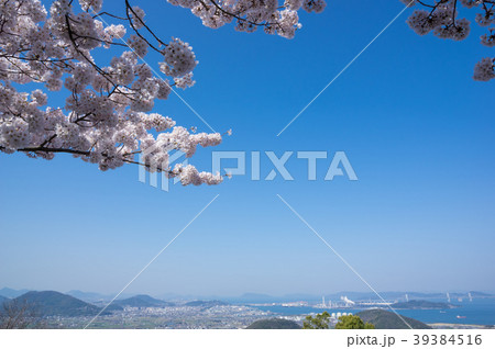 香川県坂出市街並みと五色台の桜 39384516