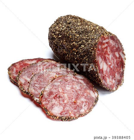 Dried organic salami sausage covered with pepper 39388405