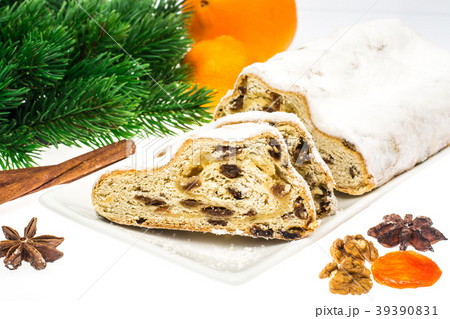 Traditional Christmas Stollen on white background Traditional Christmas Stollen on white background 39390831