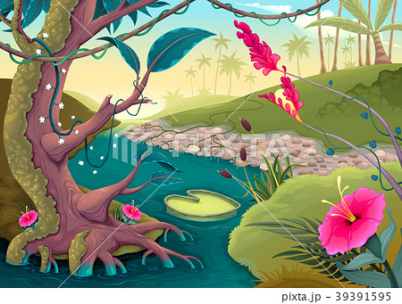 View on the forest with colored flowers and river 39391595