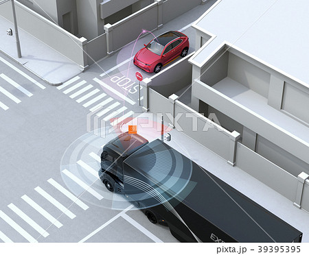 車間通信でトラックが幹線道路に合流したいsuvとの出会い頭事故を回避 コネクテッドカーコンセプトのイラスト素材 車間通信でトラックが幹線道路に合流したいsuvとの出会い頭事故を回避 コネクテッドカーコンセプトのイラスト素材