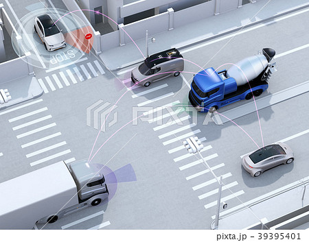 交差点にクルマ同士が無線通信でスムーズな交通環境を維持する コネクテッドカーコンセプトのイラスト素材