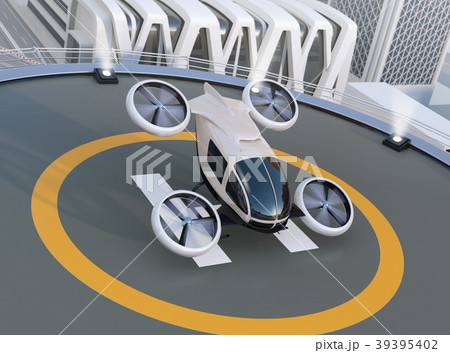 ヘリポートから自動運転ドローンタクシーが離着陸している。空飛ぶ車のコンセプト 39395402