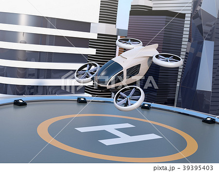 ヘリポートから自動運転ドローンタクシーが離着陸している。空飛ぶ車のコンセプト 39395403