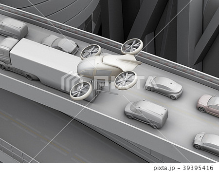 高速道路に渋滞している車列の上空を飛行する自動運転ドローンタクシーのグレイシェーディングイメージのイラスト素材