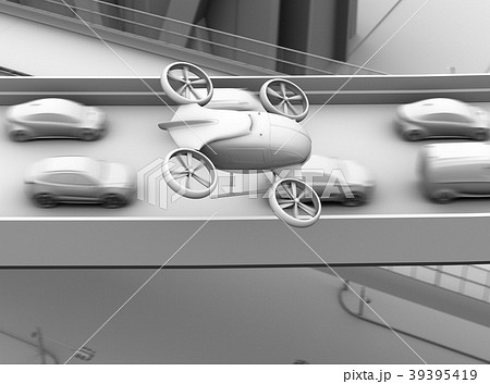 渋滞している車列の上空を飛行する自動運転ドローンタクシーのグレイシェーディングイメージのイラスト素材