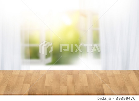 morning bright curtain window and empty table  39399476