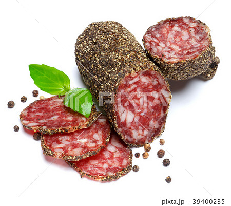 Dried organic salami sausage covered with pepper 39400235
