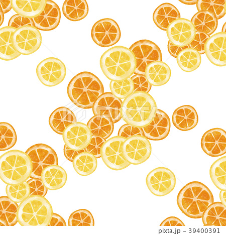輪切りオレンジ レモン ランダムパターン 水彩風 のイラスト素材