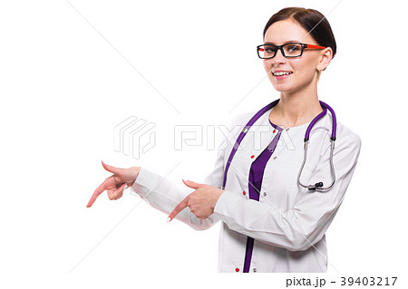 Young beautiful female doctor showing sign on 39403217