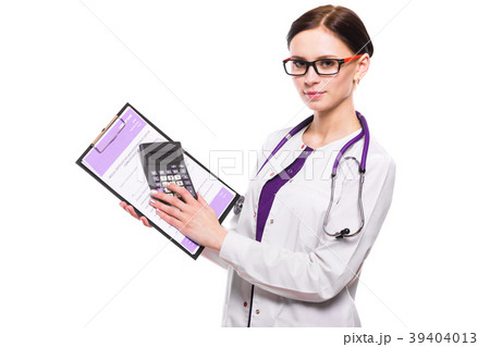 Young beautiful female doctor holding clipboard 39404013