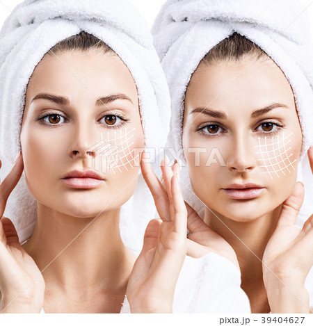 Collage of woman in bathrobe with lifting lines on Collage of woman in bathrobe with lifting lines on 39404627