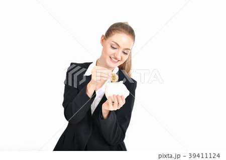 bit-coin business concept. Beautiful businesswoman is counting h bit-coin business concept. Beautiful businesswoman is counting h 39411124