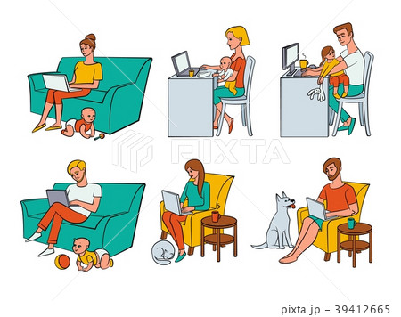 Vector Flat People Working From Home Remote Workのイラスト素材