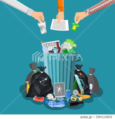 Steel garbage bin full of trash. Steel garbage bin full of trash. 39412803