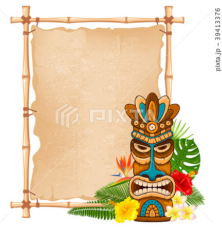 Wooden Tiki mask and bamboo signboard 39413376