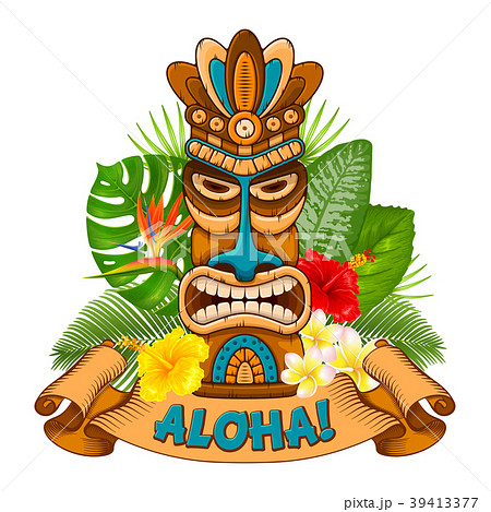 Wooden Tiki mask and signboard of bar 39413377