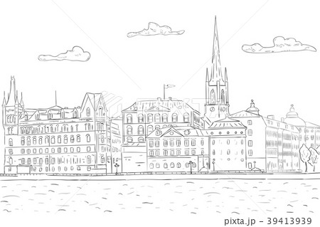 Old city of Stockholm, lake view. Hand drawn 39413939