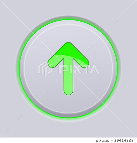 Green UP arrow on gray plastic round button 39414338