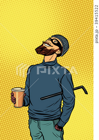 Robber thief hacker drinks coffee and looks up Robber thief hacker drinks coffee and looks up 39415522