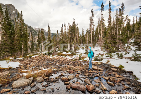 Tourist with backpack hiking on snowy trail 39416316