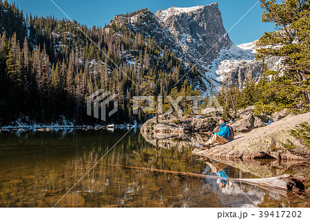 Tourist near Dream Lake in Colorado 39417202